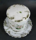 Antique Painted Milk Glass Vanity Canister Covered Jar With Underplate