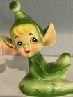 2 Rare Vintage Ceramic Pixie Elf Figurine Knee Up 1950s Mid-century Green  Blue