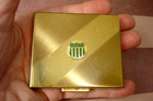 Vintage Rare Green  safety  Shield Ladies Gold Tone Powder Compact