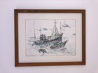 Vintage Mid Century Ink Boat Sketch Signed 15x12  Wood Framed   Matted No Glass