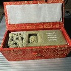 Chinese Serpentine Jade Dragon Carving Good Fortune Seal Stamp Marking With Case