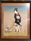 Antique 19c Japanese Watercolor Painting On Silk woman In Kimono framed W  Glass