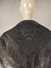 Antique Victorian Sheer Black Silk Shawl For Dress W Hand Embroidery   Fringe