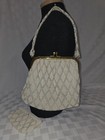 1950 s Vtg Beaded White Handbag Gold Tone Hardware Plus Matching Coin Purse Read