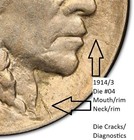 1914 3 Buffalo Nickel Pcgs Au58 -  die  04 Overdate  - Trueview
