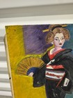 Vintage Oil Painting Japanese Geisha Woman Fan Kimono Signed Canvas Art