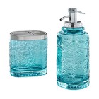 Teal Embossed Glass Bath Accessories Set Soap Dispenser Toothbrush Holder New