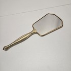 Vintage Gold Tone Hand Held Vanity Mirror W  Gold Silver Glittering Flowers