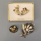 Damascene Brooch Lot Of 3 Vintage Spain Round Boat Flower Gold Tone