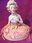 Large Antique Porcelain Half Doll German Pin Cushion Blonde Necklace Silk Skirt