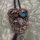 Vintage Western Eagle Ssi Bolo Tie Silver Tone Turquoise Red Coral Sterling Tips