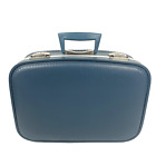 Vtg Suitcase Blue Cosmetic Overnight Hard Case Carry On Luggage Mid Century