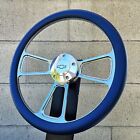 14  Billet Steering Wheel Tri Spoke Blue Half Wrap   Chevy Horn Button Licensed