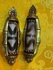 2pcs Tibetan Brass Inlay Old Dragon Vein Agate Dzi  tiger Teeth  Bead Pendants
