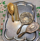 Vintage Vanity Set With Mirrored Tray  Silver   Gold Tone Brushes  Ornate Comb