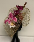Ascot Fascinator Kentucky Derby Large Pink Flowers  Gold Mesh  Headband
