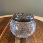 Antique Cut Glass Powder Jar Victorian Dresser Vanity Box embossed Metal Lid 