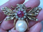 Signed Kenneth Lane Detailed 3d Bumblebee Pearl Ruby Glass Crystal Pin Brooch