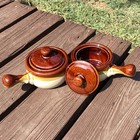 2 Vintage Ceramic Ramekins With Lids Brown Beige Handles Soup Crocks