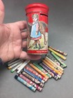 Shackman 1977 Old Fashioned Crayon Container Bank Tin Girl Dog Cat Hong Kong 4 