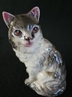 Porcelain Cat Figurine Grey Persian Tabby Fluffy Tiger Stripes Ceramic Vintage