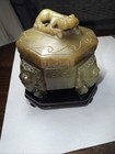 Chinese Carved Hardstone Censer Box  8 Sided Lid Mythical Beast Finial Wood Base