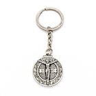 Silver Tone Jesus Crucifix Cross Saint St Benedict Medal Pendant Key Chain Ring