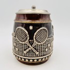 German Beer Stein Tennis Players Man Woman Pewter Lid Brown Vtg