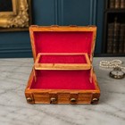 Vintage Wooden Treasure Chest Jewelry Box  Red Fabric Lined Keepsake Trunk