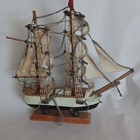 Vintage Wooden Model Sailing Ship Boat W  Fabric Sails   Wooden Display Base