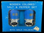 Vintage Wooden Collectible Texas Salt   Pepper Shakers Blue W gold Holders Japan