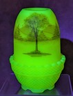 Vintage Fenton Cabin Woods Custard Uranium Glass Fairy Lamp Signed 4  Glows