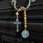 Saint Benedict Medal Prayer Pocket Rosary Catholic Brown Wood Beads With Medalla