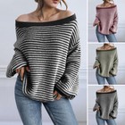 Women Striped Off-shoulder Long Sleeve Casual Knit Sweater Loose Pullover Jumper