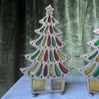 2 Vintage Stained Glass Cast Iron Christmas Tree Votive Tea Candle Holder Mcm