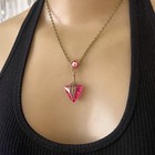 Vintage Necklace Art Nouveau Brass Pendant Antique Fuchsia Pink Czech Glass Drop