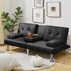 Faux Leather Sofa Bed Convertible Futon Sofa With 2 Throw Pillows Cup Holders