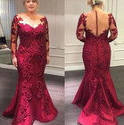 Plus Size Burgundy Mother Of The Bride Mermaid Long Sleeve Backless Prom Dress