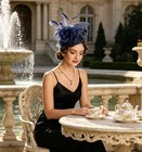 Women s Fascinators Feathers Tea Party Hat Veil Headband With Hair Ta4-navy