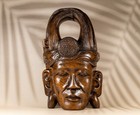 Vintage Balinese Carved Wood Mask Man In Udeng With Ear Pendants Mas Bali 1950s