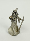 Pewter Tone Fantasy Wizard Figurine Holding Staff   Crystal Ball Marked 7302
