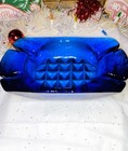 Vintage Blenko Waffle Pattern Cobalt Blue turquoise Ashtray  698 By Joel Myers