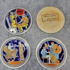 Vtg  Set Of 4 Greek Mediterranean Round Hand Painted Ceramic Coasters