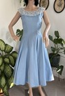 Vintage 50s Cornflower Blue Circle Skirt Dress W Lace Trim Cotton Linen Xs