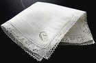 Flanders Bobbin Lace Linen Handkerchief  f  Monogram 9  Belgium  Wedding Vintage