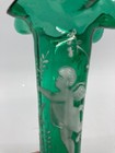 Antique Hand Blown Mary Gregory Green Glass Vase   Cherub 7 Inch
