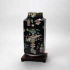 Vintage Chinese Enameled Porcelain Vase With Wood Base Signed C1940