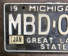 1979 Michigan License Plate   Mbd-020 Great Lakes State W  Jan 1981 Tabs Blk wht