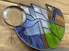 Vtg  Handcrafted Stained Glass Panel Mountain Landscape Sun-catcher Blue green