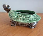Vtg Mcm Large Green brown Ceramic Glazed Mother   Baby Turtle Shaped Planter Pot
